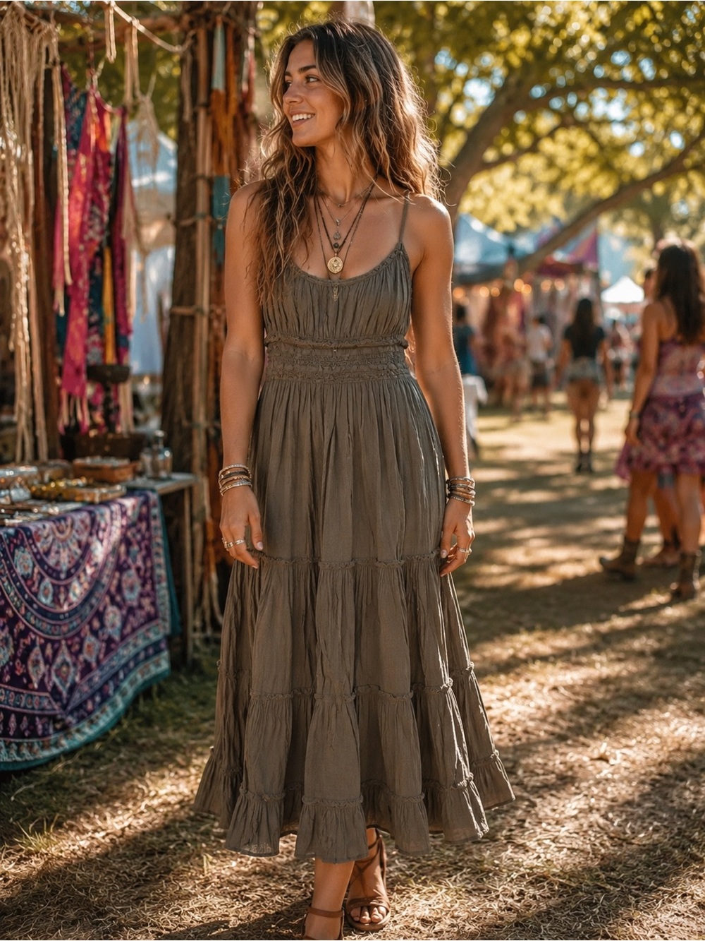 Unknown Brand Brown Cotton Boho Raw Edges Tiered Maxi Dress Size Juniors S